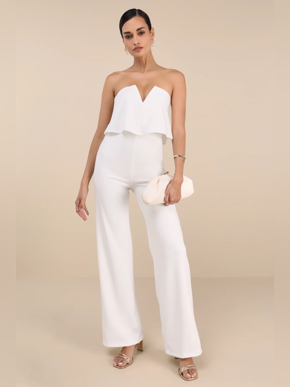 NWT Lulus White Strapless Wide Leg Jumpsuit XS 32.5 Inseam
